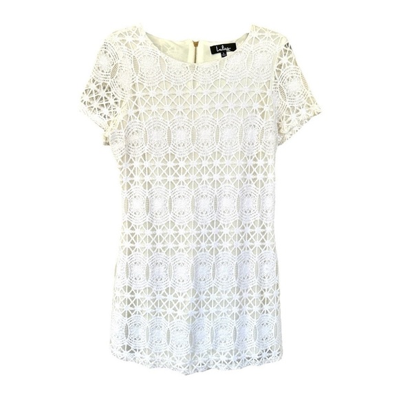 LULU’S, WHITE LACE, MINI DRESS. LACE & MESH SHIFT WITH SHORT SLEEVES. SIZE L - Picture 2 of 8